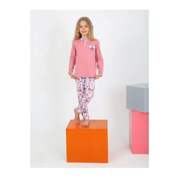 Kız Çocuk Love Me Baklı Uzun Kollu %100 Pamuklu Düğme Detaylı Pijama Takımı  6/9 Yaş