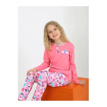 Kız Çocuk Love Me Baklı Uzun Kollu %100 Pamuklu Düğme Detaylı Pijama Takımı  2/5 Yaş
