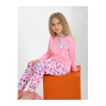 Kız Çocuk Love Me Baklı Uzun Kollu %100 Pamuklu Düğme Detaylı Pijama Takımı  2/5 Yaş