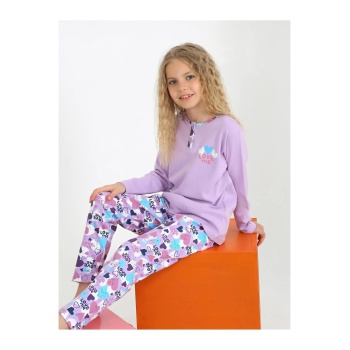 Kız Çocuk Love Me Baklı Uzun Kollu %100 Pamuklu Düğme Detaylı Pijama Takımı  2/5 Yaş