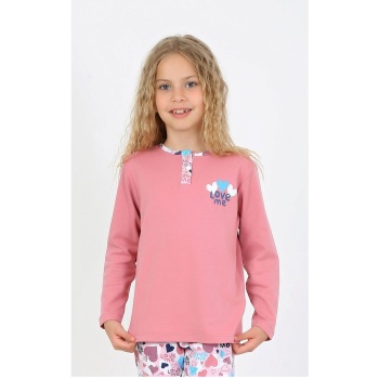 Kız Çocuk Love Me Baklı Uzun Kollu %100 Pamuklu Düğme Detaylı Pijama Takımı  2/5 Yaş