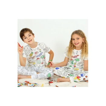 Kısa Kollu + Özel Kalem BOYANABİLİR Kız Erkek Çocuk Pijama Takım
