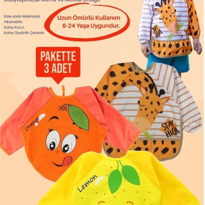 diamondstar  Hayvan Figürlü Meyve Desenli Sıvı Geçirmez 3lü Paket Uzun Kollu Bebek Mama Önlüğü seti