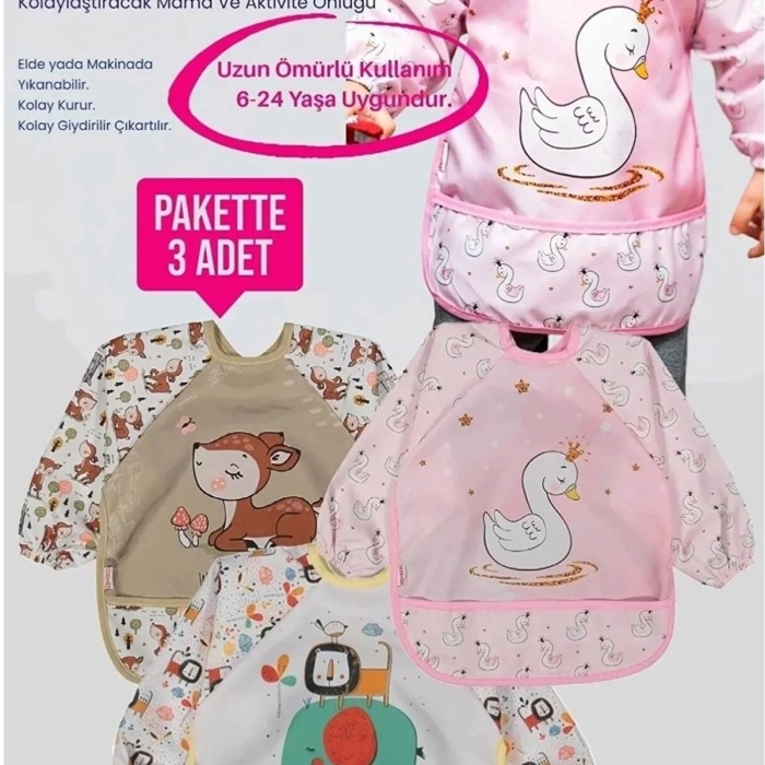 diamondstar Bebechi Hayvan Figürlü Sıvı Geçirmez 3lü Paket Uzun Kollu Bebek Mama Önlüğü