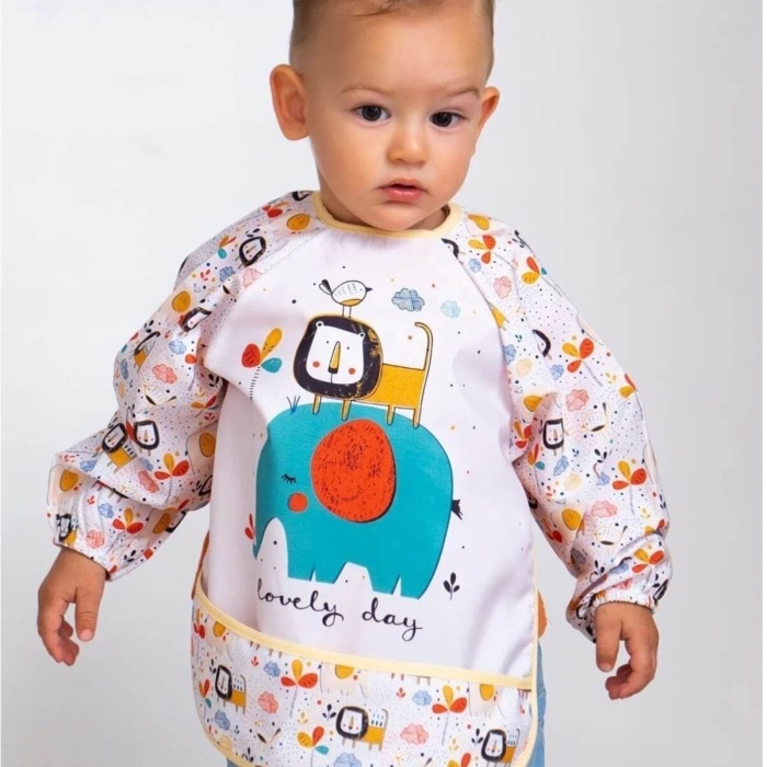 diamondstar Unisex Aslan Fil Baskılı 3-24 Aylık Mama Önlüğü Cepli Beslenme Önlüğü