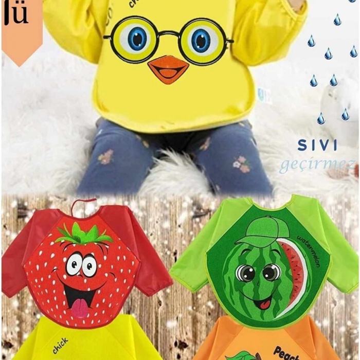 diamondstar 4 Adet Meyve Şeftali-karpuz-civciv-çilek Desen Uzun Kol Su Geçirmez Mama Önlüğü 6-24 Ay