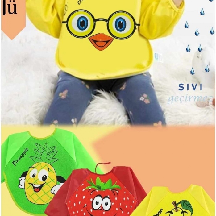 diamondstar 3 Adet Çilek Armut Ananas Desen Su Geçirmez Kollu Bebek Mama Önlüğü 6-24 Ay