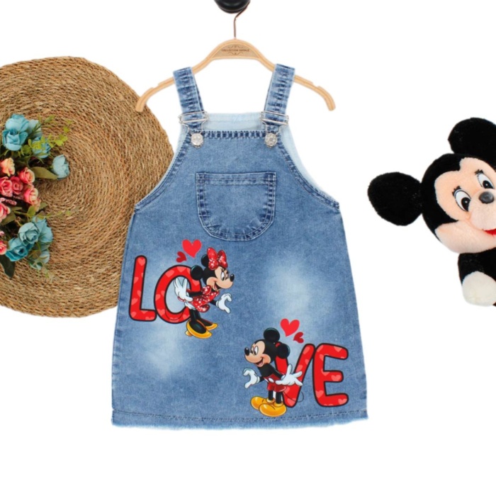 Kız Çocuk Kot Jile Salopet Baskılı Denim Elbise 2/5 Yaş
