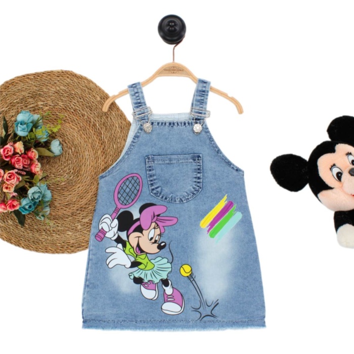 Kız Çocuk Kot Jile Salopet Baskılı Denim Elbise 2/5 Yaş