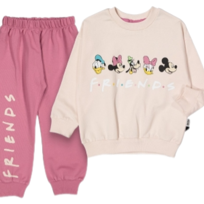 Bisiklet Yaka Uzun Kollu Minnie Mouse Baskılı Kız Çocuk Sweatshirt ve Eşofman Alt 2li Takım
