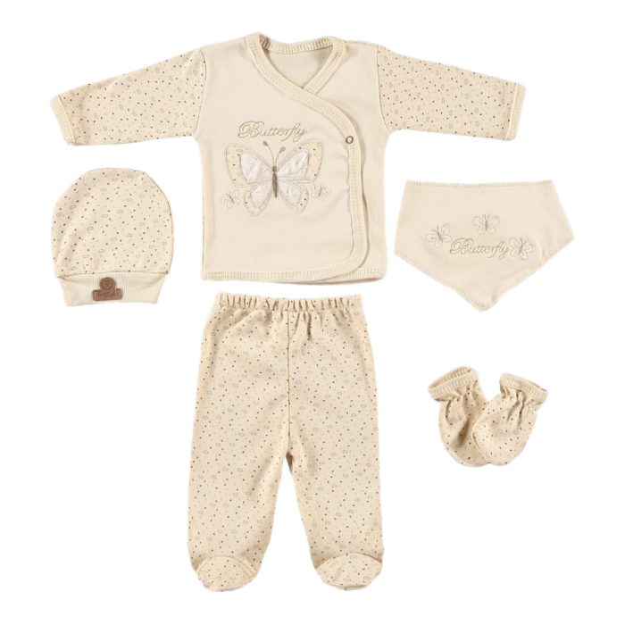 %100 Organik Pamuk Lüks Butterfly Desen Bebek Takımı Hastane Çıkışı Yenidoğan  Set 5 Parça