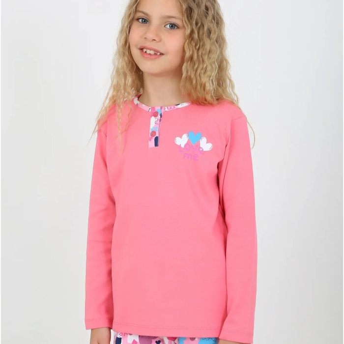 Kız Çocuk Love Me Baklı Uzun Kollu %100 Pamuklu Düğme Detaylı Pijama Takımı  2/5 Yaş