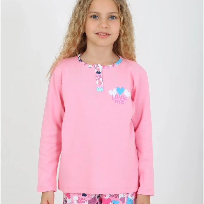 Kız Çocuk Love Me Baklı Uzun Kollu %100 Pamuklu Düğme Detaylı Pijama Takımı  2/5 Yaş