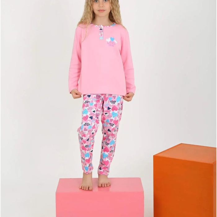 Kız Çocuk Love Me Baklı Uzun Kollu %100 Pamuklu Düğme Detaylı Pijama Takımı  2/5 Yaş