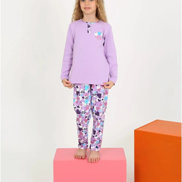Kız Çocuk Love Me Baklı Uzun Kollu %100 Pamuklu Düğme Detaylı Pijama Takımı  2/5 Yaş