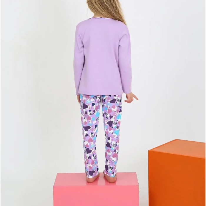 Kız Çocuk Love Me Baklı Uzun Kollu %100 Pamuklu Düğme Detaylı Pijama Takımı  2/5 Yaş