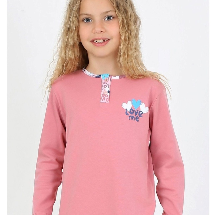 Kız Çocuk Love Me Baklı Uzun Kollu %100 Pamuklu Düğme Detaylı Pijama Takımı  2/5 Yaş