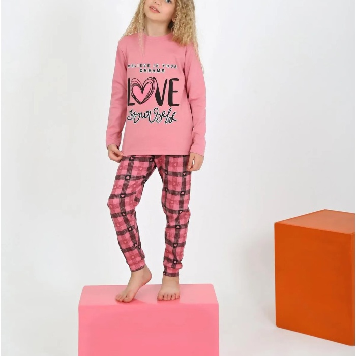 Kız Çocuk Uzun Kollu %100 Pamuklu Düğmeli Pijama Takımı 2/5 Yaş