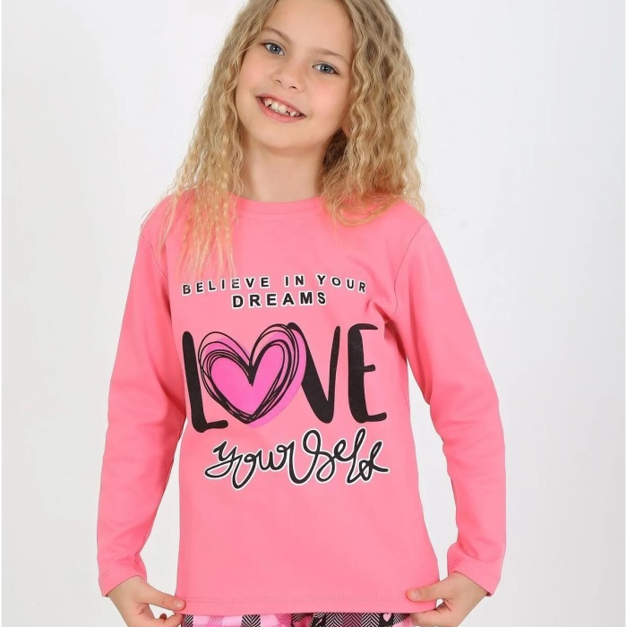 Kız Çocuk Uzun Kollu %100 Pamuklu Düğmeli Pijama Takımı 2/5 Yaş