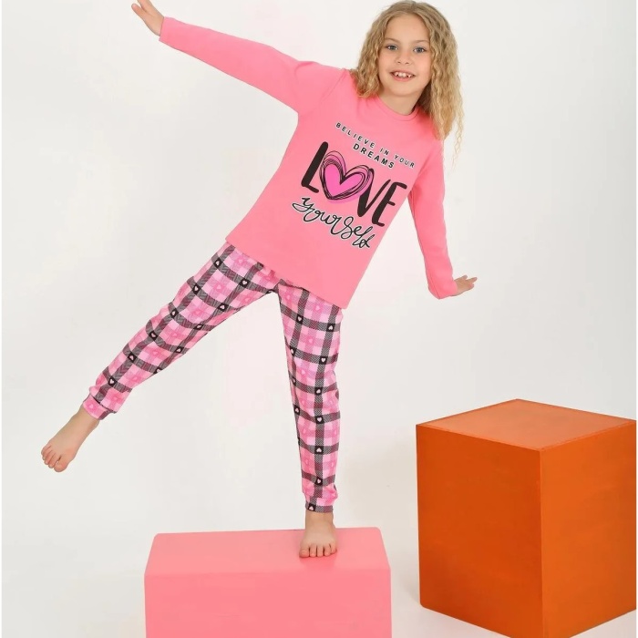 Kız Çocuk Uzun Kollu %100 Pamuklu Düğmeli Pijama Takımı 2/5 Yaş