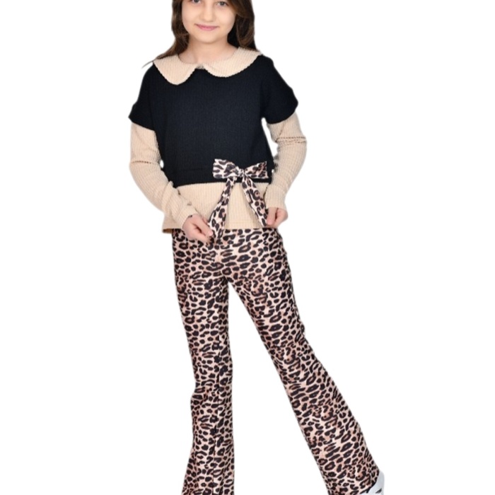 Bebe Yakalı Triko Leopar Taytlı 2 Li Takım 4/12 Yaş