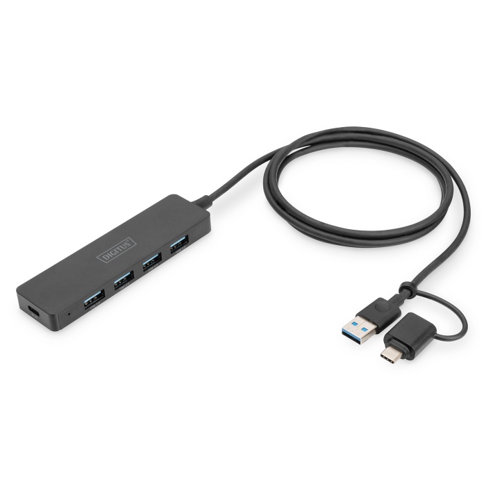 Digitus 4-Port USB 3.0 Hub, İnce Tip, USB-C Adaptörlü, 5Gbps, 1,2 metre kablo dahil&lt;br&gt;Digitus 4-Port USB 3.0 Hub, Slimline with USB-C Adapter, 5Gbps, 1,2m cable