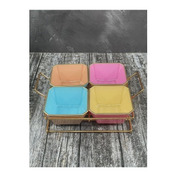 4 Bölmeli Gold Standlı Cam Kahvaltılık Çerezlik Sunumluk Renkli