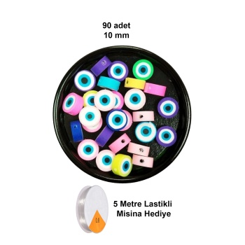 90 Adet 10 mm Polimer Kil Fimo Boncuk Takı Bileklik + 5 Metre Lastikli Misina Hediye - Nazar Boncuğu