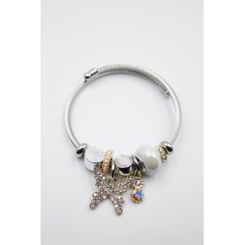 Çelik Charmlı Kelebek Bileklik - Beyaz