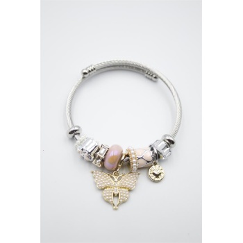 Çelik Charmlı Kelebek Bileklik - Pembe