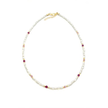Renkli Boncuklu İnci Kolye - Fuşya