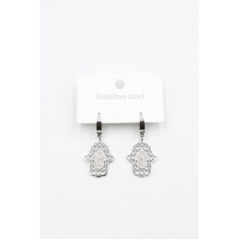 Taşlı Fatıma Eli Küpe - Gümüş