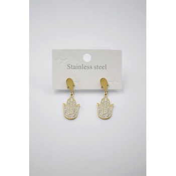 Taşlı Fatıma Eli Küpe - Altın