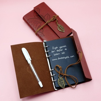 Kahverengi Siyah Yapraklı Deri Defter Ve Beyaz Jel Kalem Set