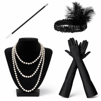 1920’ler Çarliston Aksesuar Seti – İnci Kolye, Eldiven, Sigara Tutucu, Siyah Saç Bandı