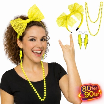 80’ler 90’lar Neon Sarı Parti Seti – Kolye Küpe Taç