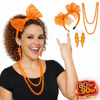 80’ler 90’lar Neon Turuncu Parti Seti – Kolye Küpe Taç