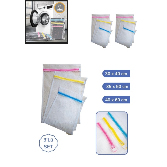 3&amp;#39;lü Çamaşır Yıkama Filesi Set Renkli Fermuarlı Pratik Çamaşır Yıkama Filesi Seti 3 Boy