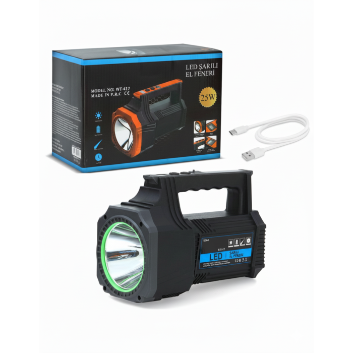 Şarjlı Dev Boy El Feneri 25W Süper Parlak LED El Lambası Kamp, Av ve Güvenlik İçin İdeal