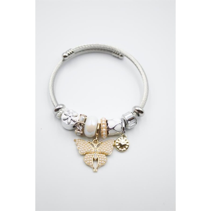 Çelik Charmlı Kelebek Bileklik - Beyaz