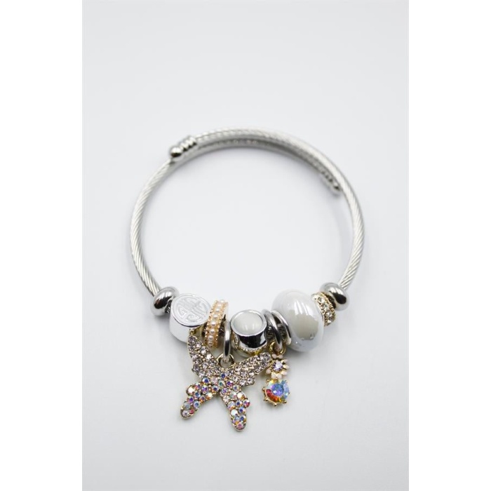 Çelik Charmlı Kelebek Bileklik - Beyaz