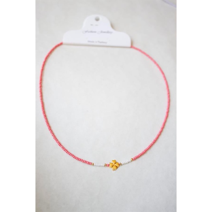 Kum Boncuklu Yonca Kolye - Nar Çiçeği