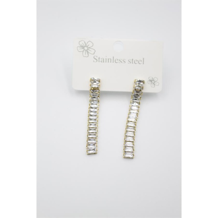 Büyük Baget Taşlı Çelik  Küpe - Altın