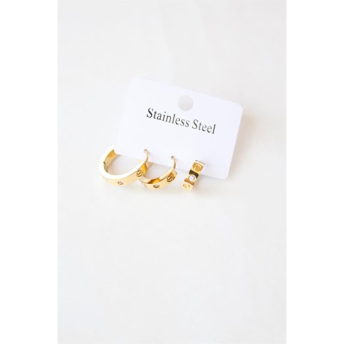 3lü Taşlı Çelik Halka Küpe - Altın