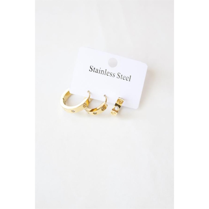 3lü Taşlı Çelik Halka Küpe - Altın