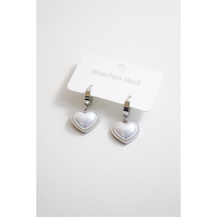 İncili Çelik Kalp Küpe - Gümüş