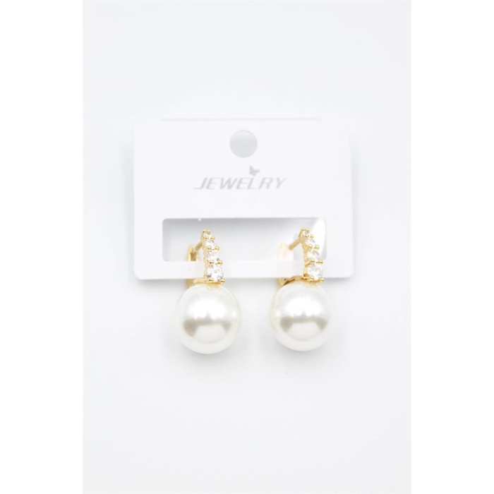 Taşlı İnci Küpe - Altın