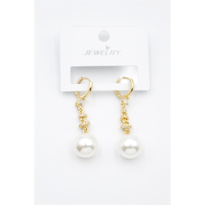 Taşlı İnci Küpe - Altın