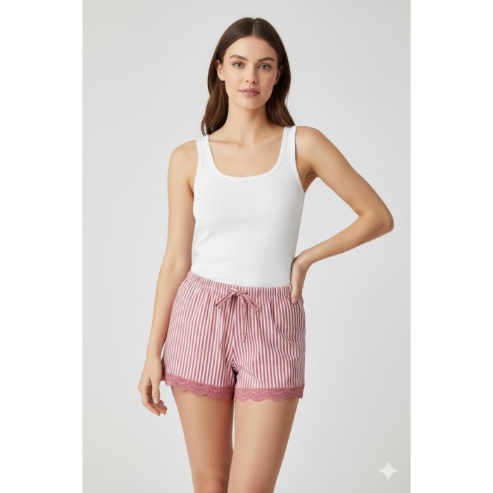 Çizgili Penye Kadın Ev Şortu Bacak Dantel Detaylı Ev Giyim Fuşya
