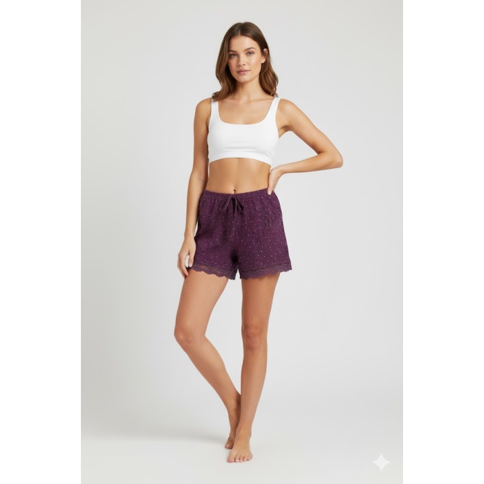 Düz Renk Mini Çiçek Desenli Penye Kadın Ev Şortu Bacak Dantel Detaylı Ev Giyim Gül Kurusu